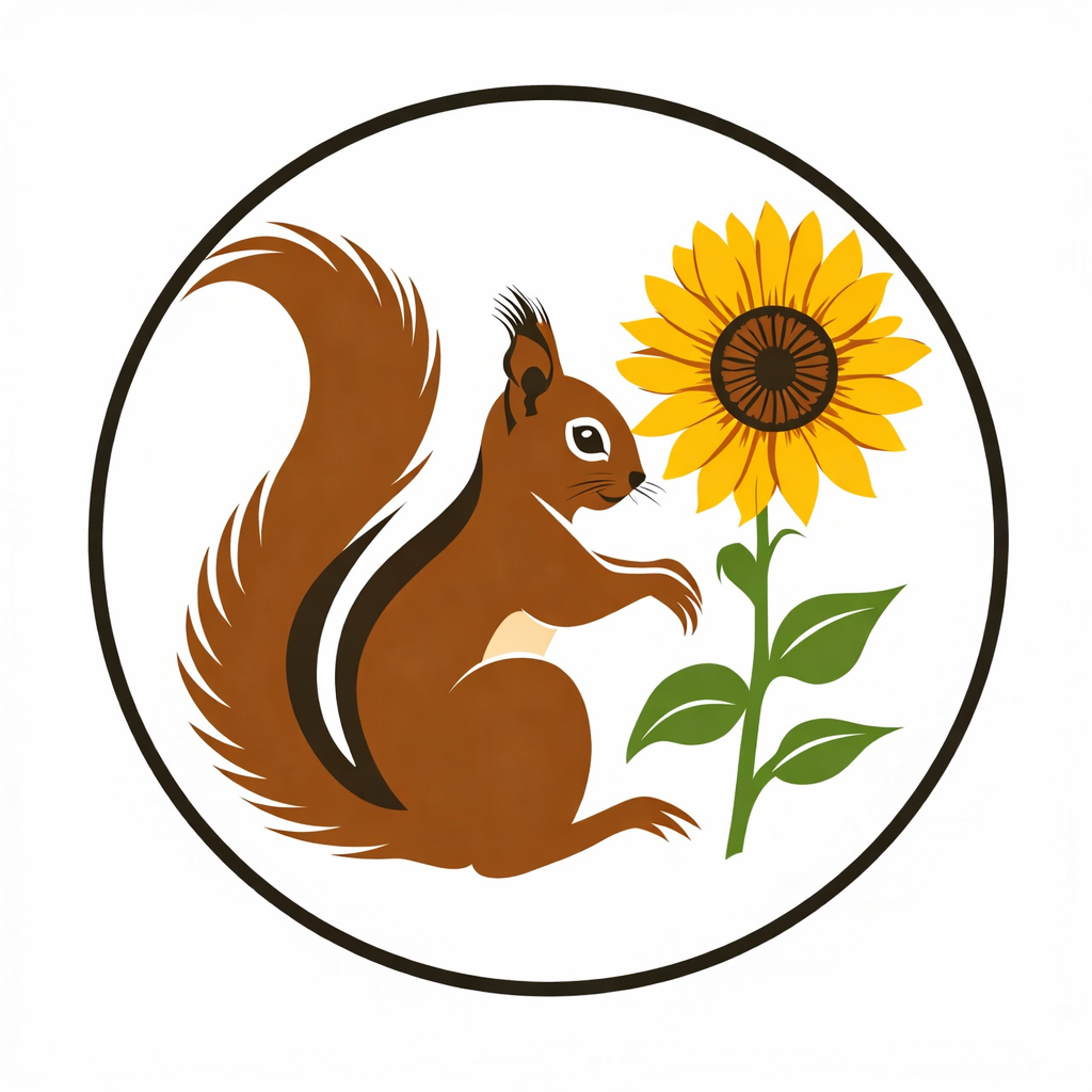 the logo of a squirrel and a sunflower
